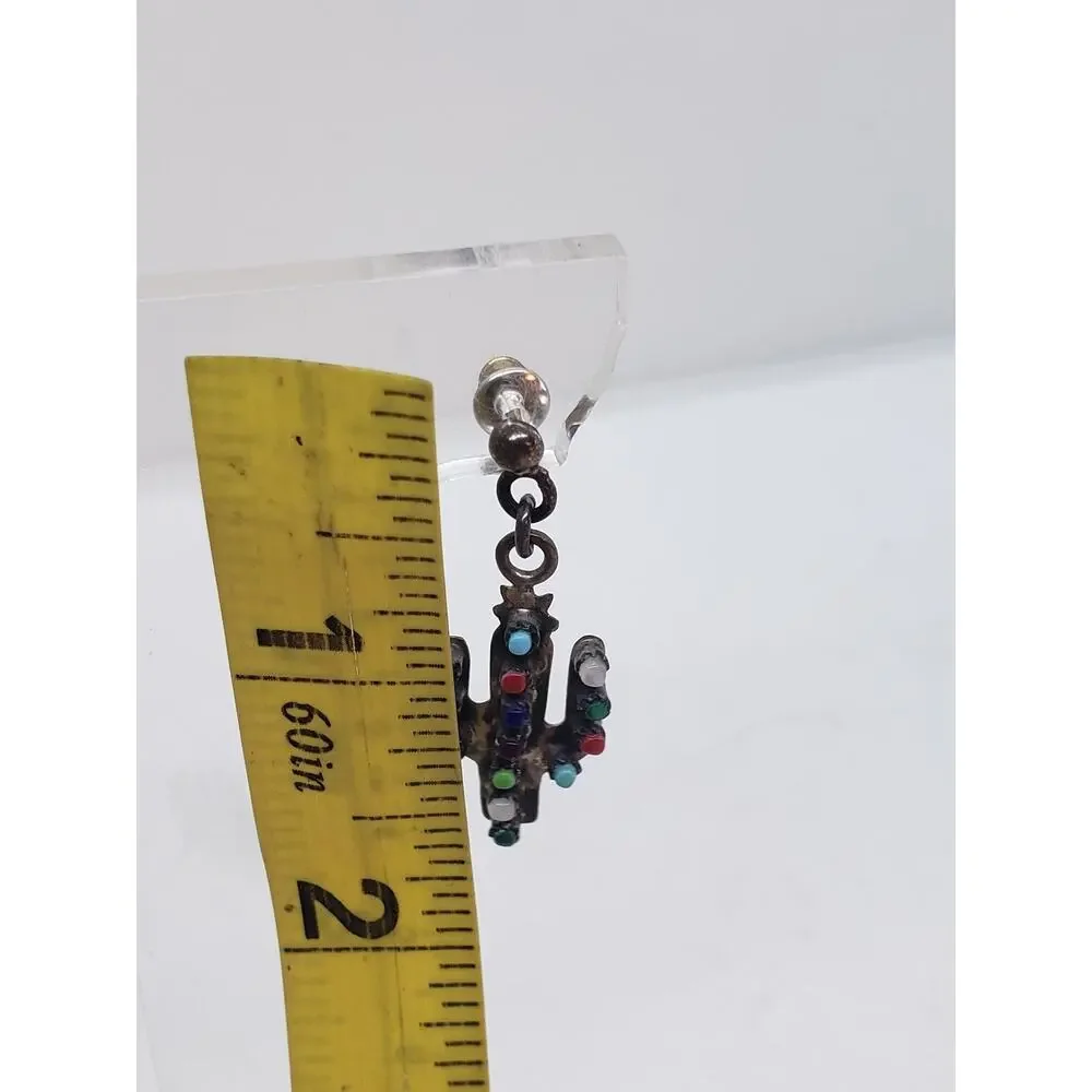 Vintage Sterling Silver Len Adakkai 925 Cactus Earrings Navajo Dangle Southwest